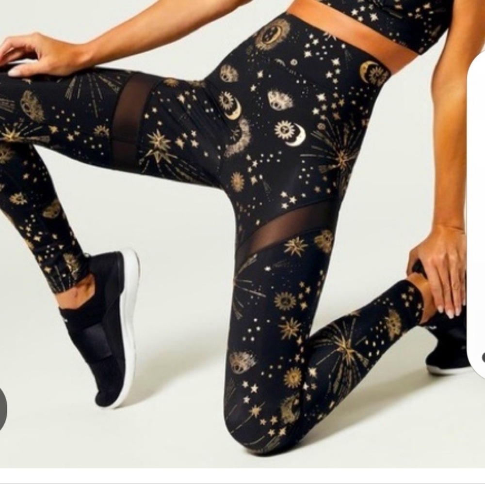 Carbon38 Black Leggings with Gold Starburst And Celestial Design Size Small